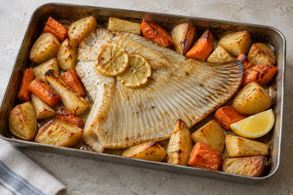 AI-generated serving suggestion of baked ray wing with roasted potatoes, root vegetables and lemon on a baking tray.