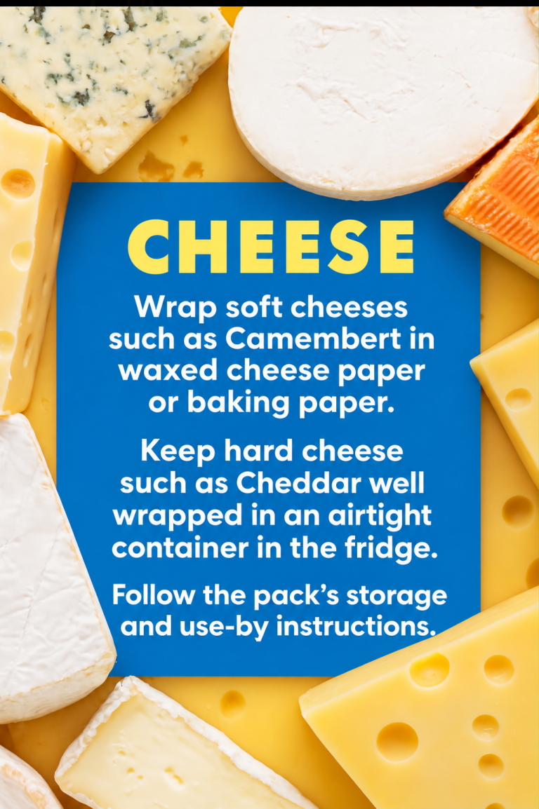 Cheese storage advice poster. The advice is also provided in the adjacent text.