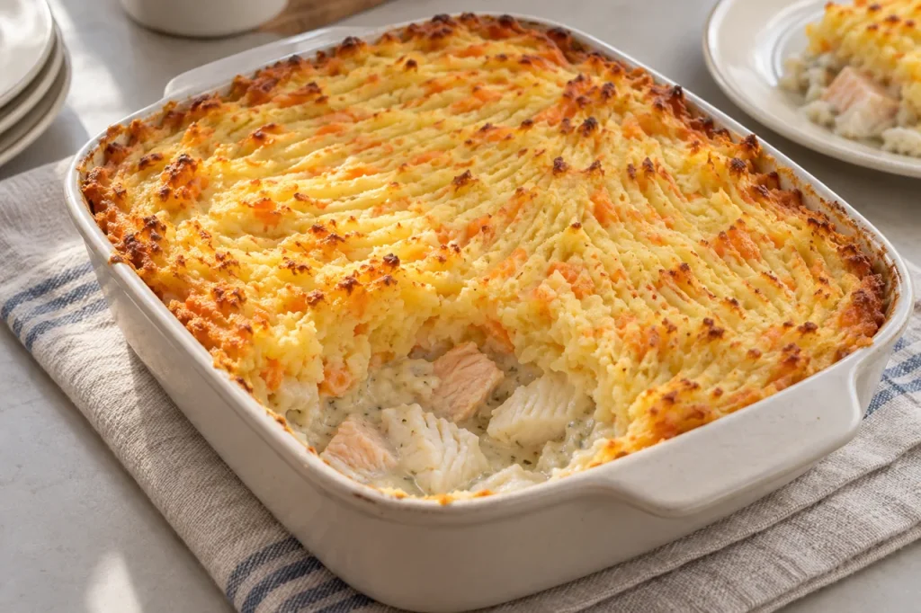 AI-generated serving suggestion of fish pie with a golden potato and root vegetable mash topping.