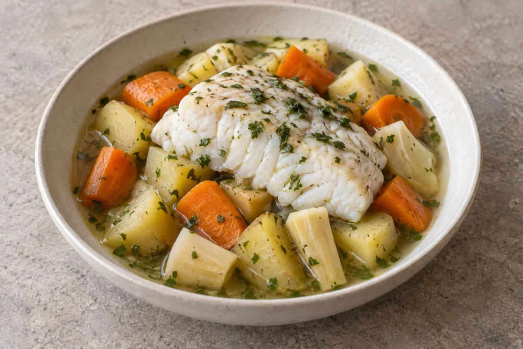 AI-generated serving suggestion of cod with potatoes, carrots and parsnips in a herby broth.