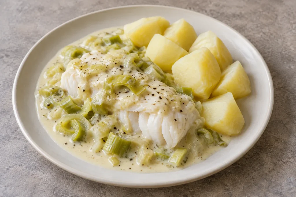 AI-generated serving suggestion of cod in creamy leek sauce with boiled potatoes.