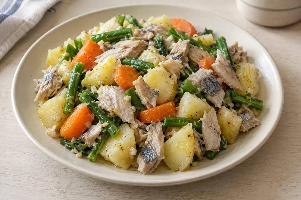 AI-generated serving suggestion of flaked herring with warm potatoes and vegetables.