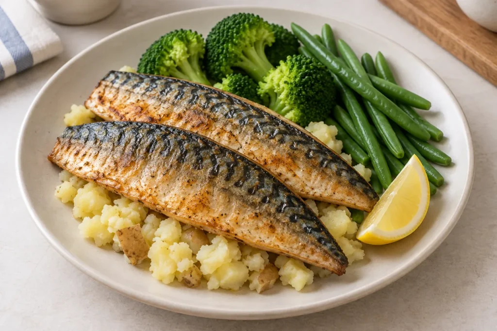 AI-generated serving suggestion of pan-fried mackerel with crushed potatoes, green vegetables and lemon.