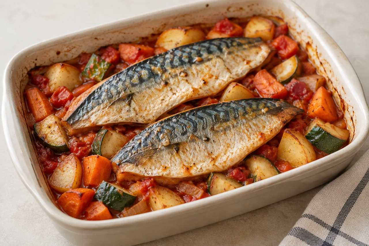 Mackerel & Tomato-Veg Traybake