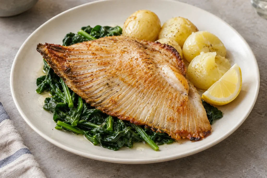 AI-generated serving suggestion of golden ray wing with leafy greens, boiled potatoes and lemon.
