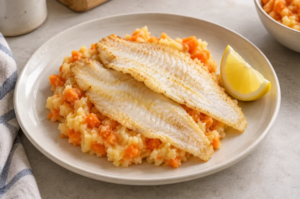 AI-generated serving suggestion of baked plaice on potato and carrot mash with lemon.
