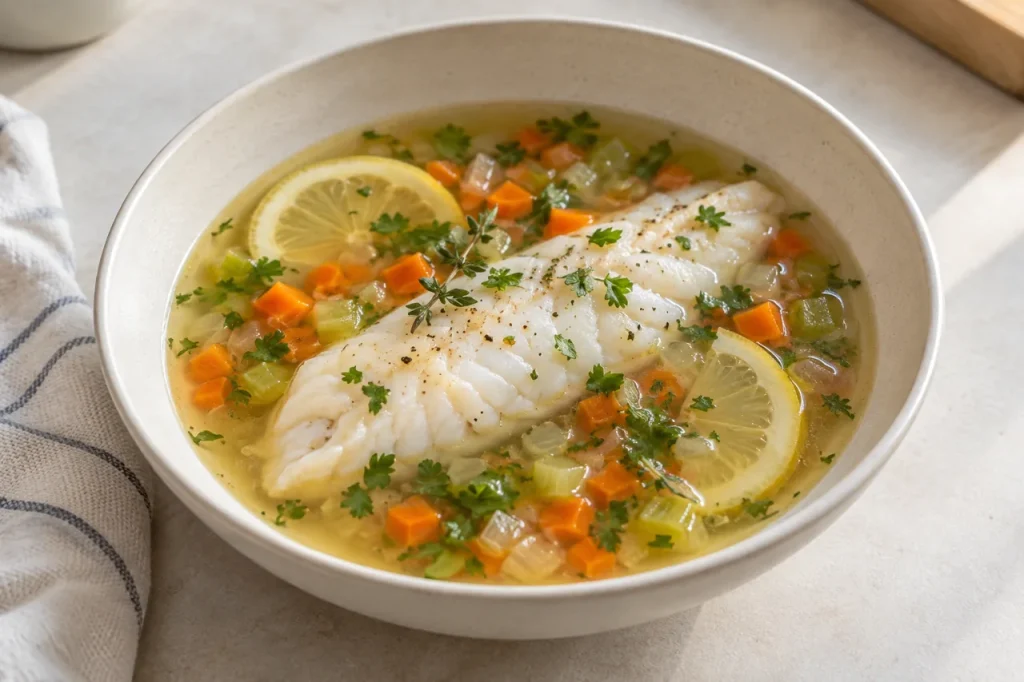 AI-generated serving suggestion of poached whiting with vegetables, herbs and lemon in a clear broth.