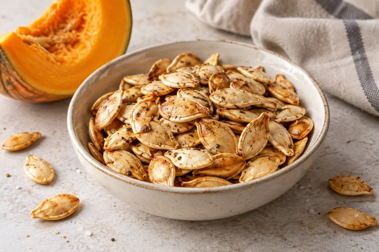 Golden roasted pumpkin seeds in a bowl beside a fresh pumpkin wedge.