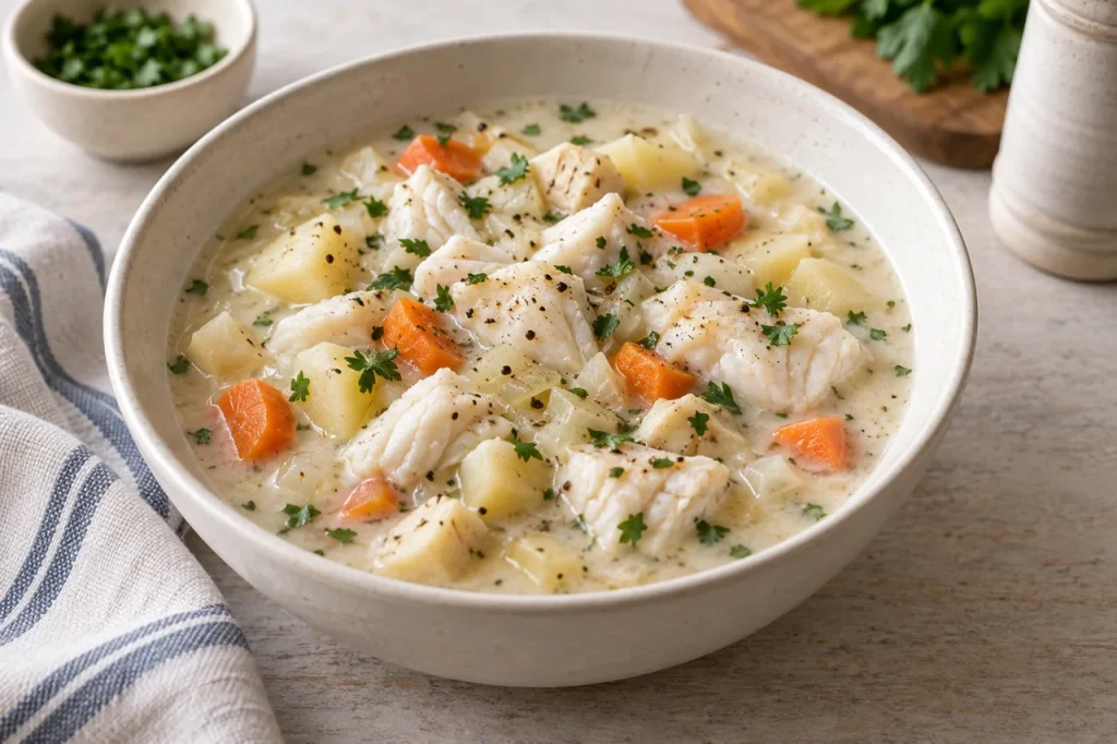AI-generated serving suggestion of whiting chowder with potatoes and root vegetables in a light creamy broth.