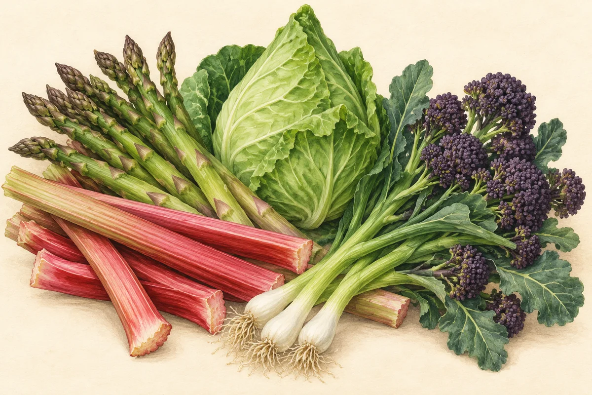 Illustration of April produce: Asparagus, Rhubarb, Spring cabbage, Spring onions, Purple sprouting broccoli.