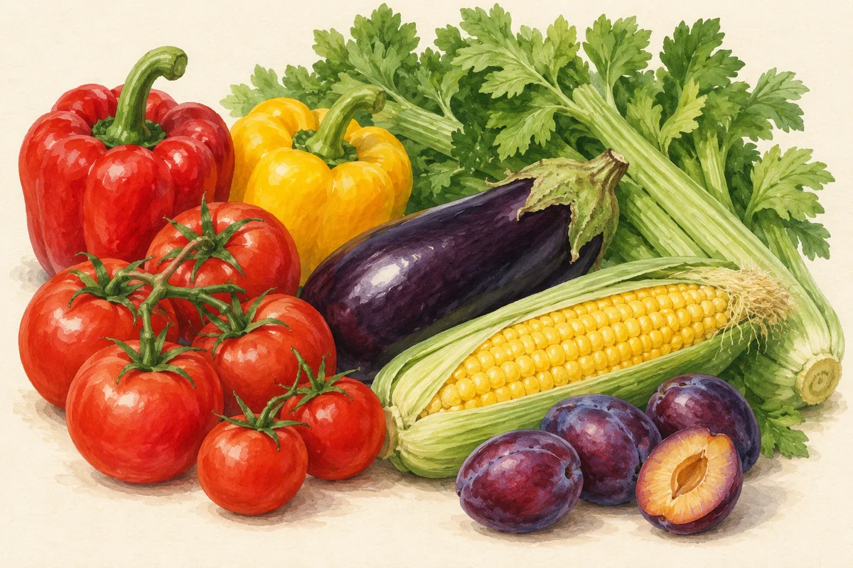 Illustration of August produce: Tomatoes, Peppers, Aubergines, Sweetcorn, Plums, Celery.
