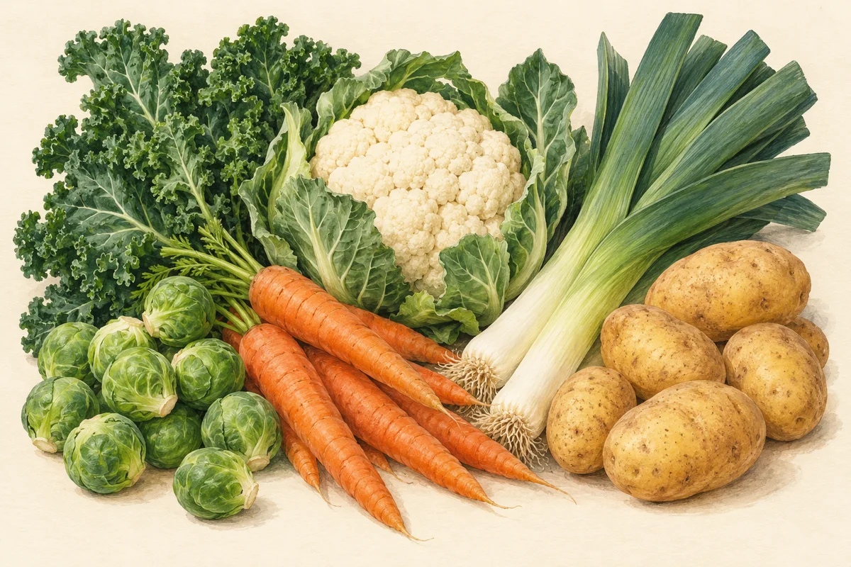 Illustration of December produce: Brussels sprouts, Carrots, Cauliflower, Kale, Leeks, Potatoes.