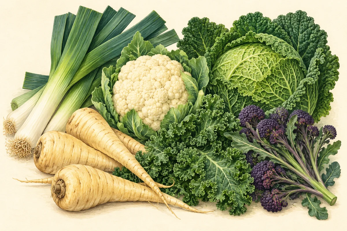 Illustration of February produce: Leeks, Parsnips, Kale, Cauliflower, Savoy cabbage, Purple sprouting broccoli.