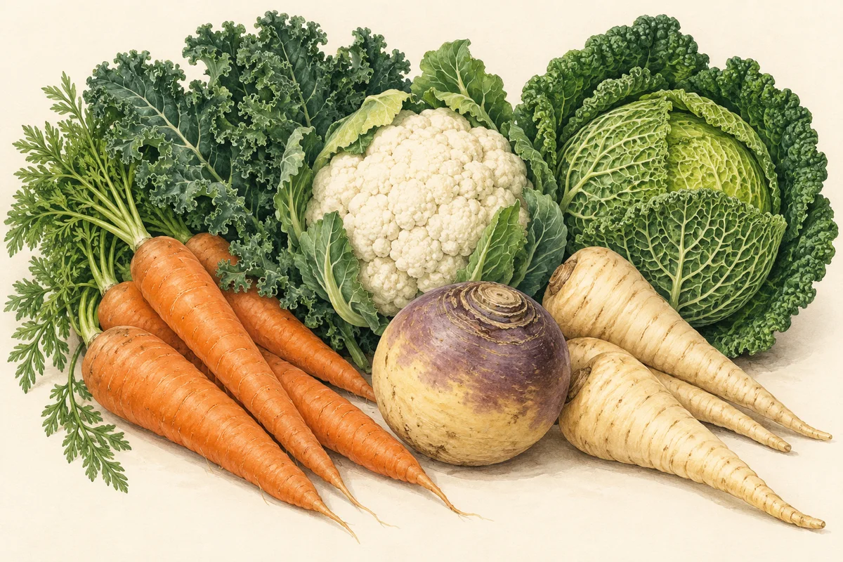 Illustration of January produce: Carrots, Parsnips, Swede, Kale, Cauliflower, Savoy cabbage.