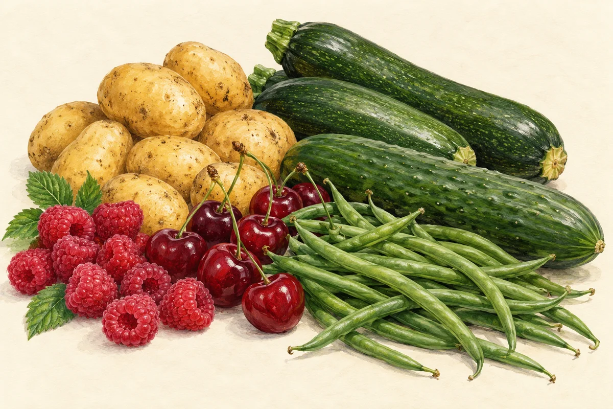 Illustration of July produce: Raspberries, Cherries, New potatoes, Courgettes, Cucumbers, French beans.