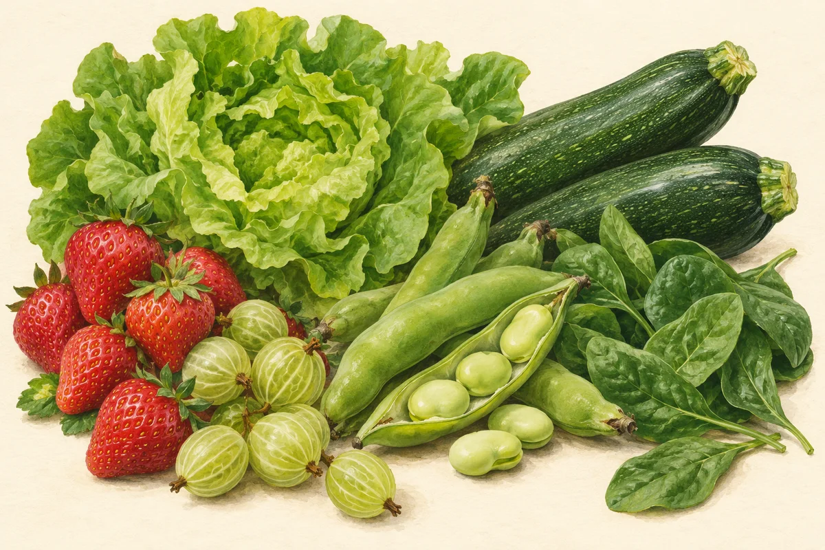 Illustration of June produce: Strawberries, Gooseberries, Broad beans, Courgettes, Lettuce, Spinach.