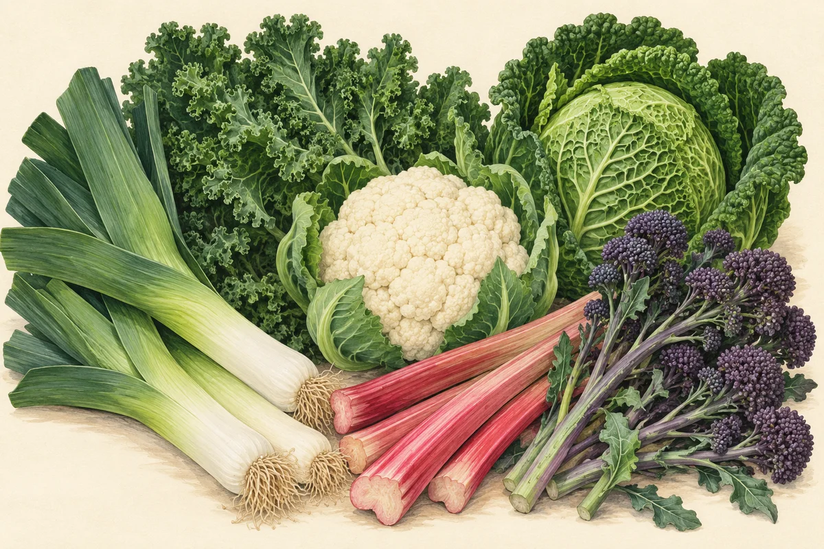 Illustration of March produce: Leeks, Kale, Cauliflower, Forced rhubarb, Savoy cabbage, Purple sprouting broccoli.