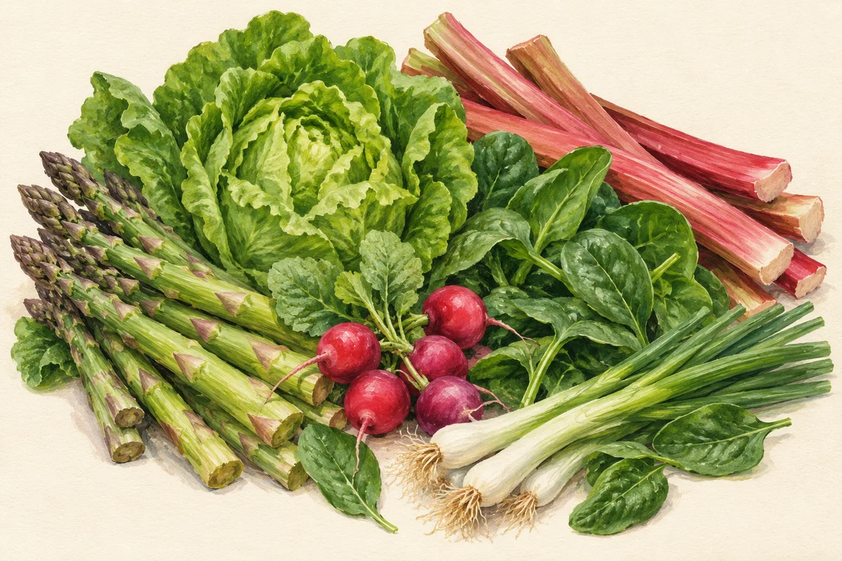 Illustration of May produce: Asparagus, Lettuce, Radishes, Spinach, Rhubarb, Spring onions.