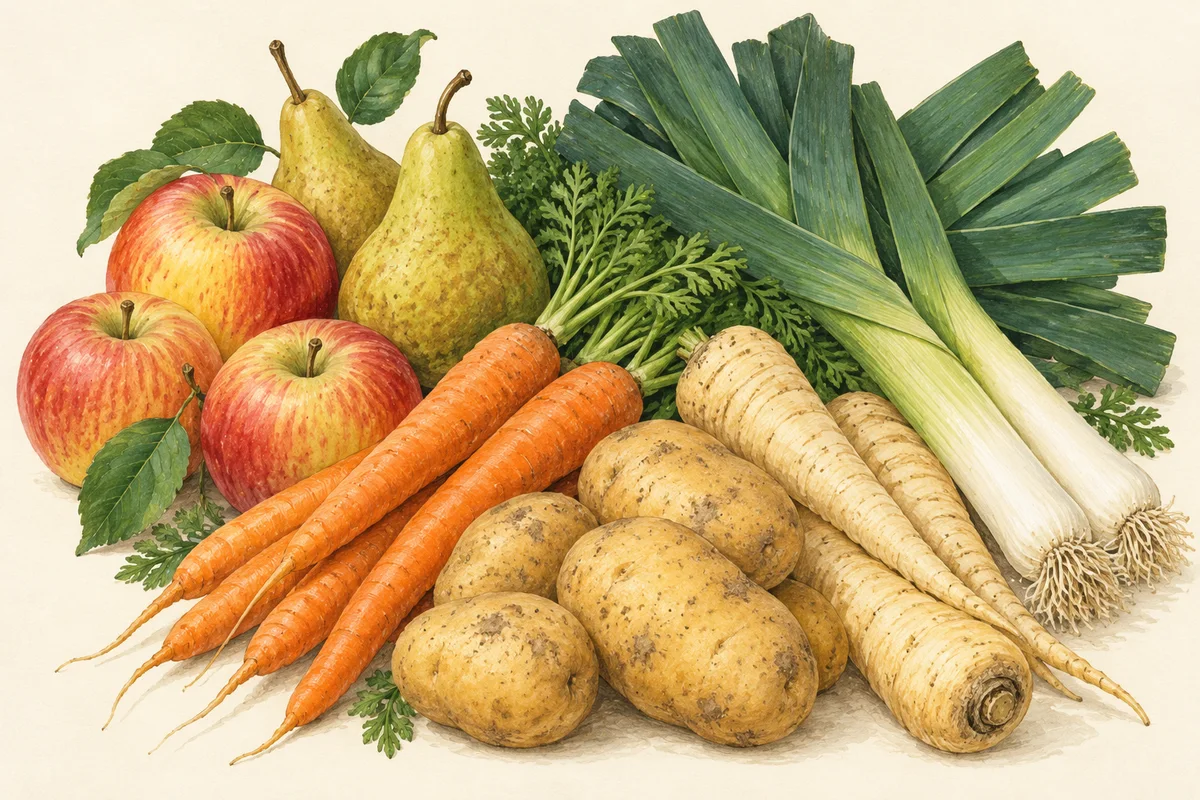 Illustration of November produce: Apples, Pears, Carrots, Parsnips, Leeks, Potatoes.