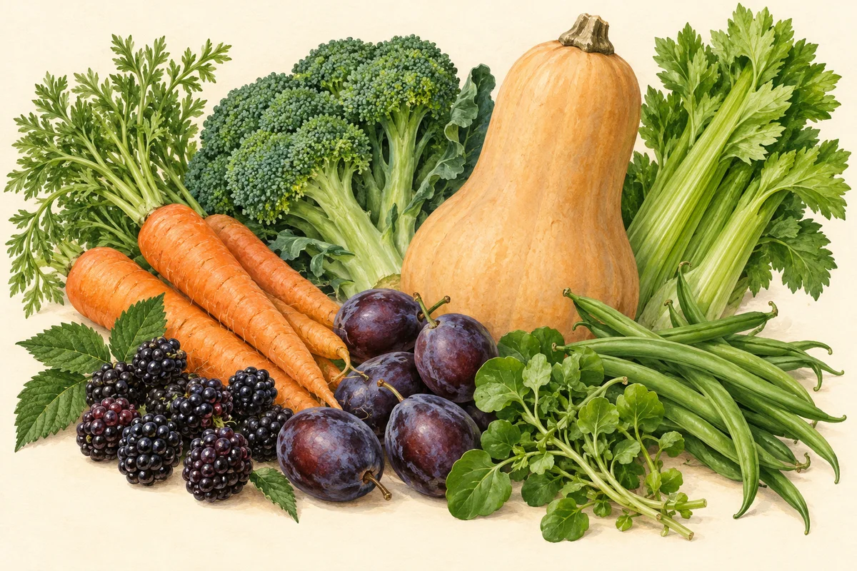 Illustration of September produce: blackberries, damsons, broccoli, carrots, celery, French beans, watercress, butternut squash.
